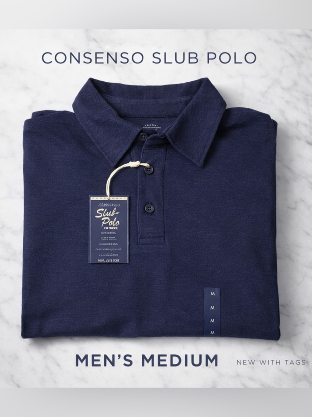 Consenso Slub Polo Shirt Navy Blue Mens Medium Cotton New w/Tags Casual Wear